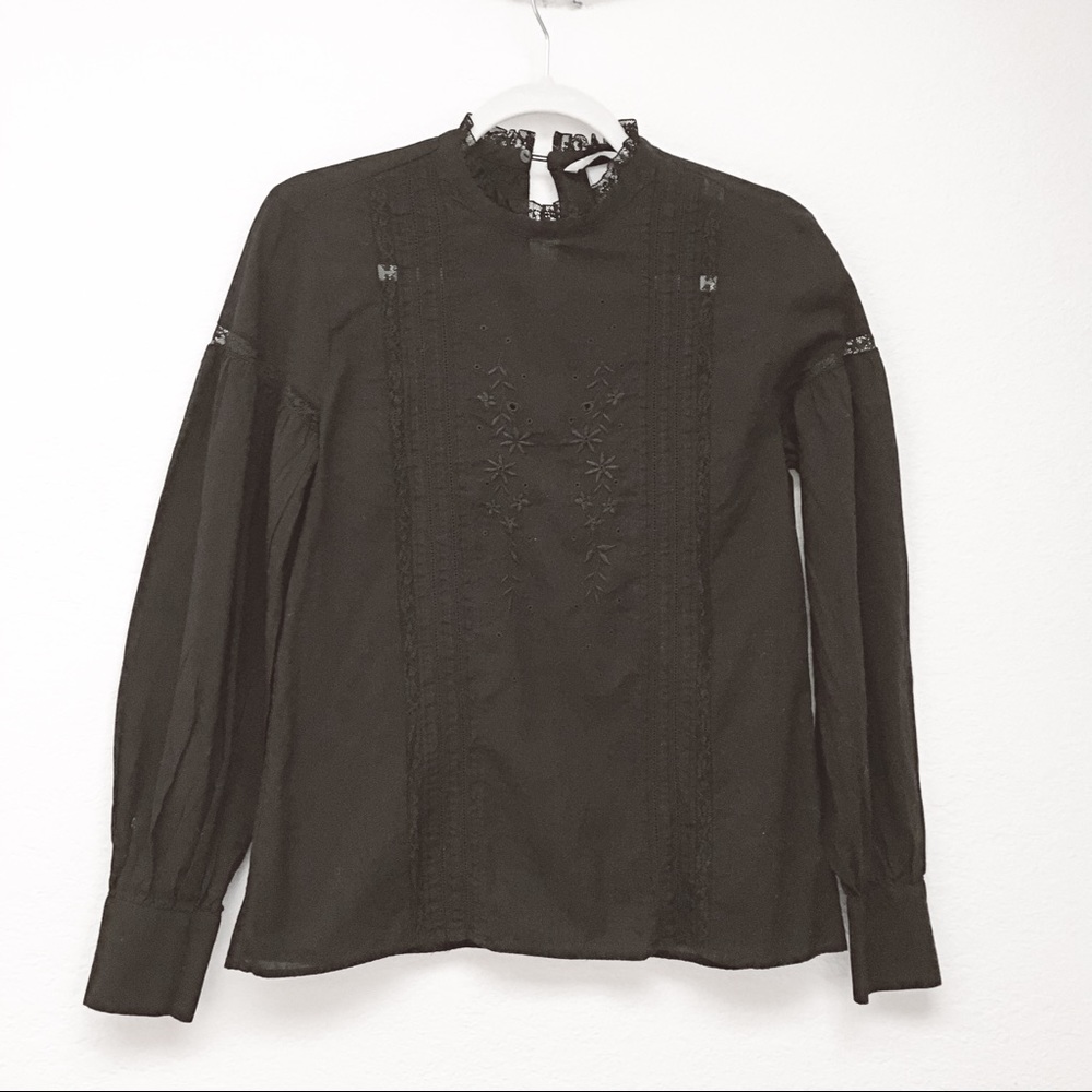 H&M Black Embroidered Long Sleeves Button Cuff Collar Blouse Size 6